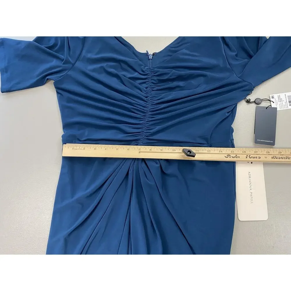 Adrianna Papell Dress Womens 12 Blue Ruched Puff Sleeve Hi Low Semi Formal Gown - Picture 8 of 13